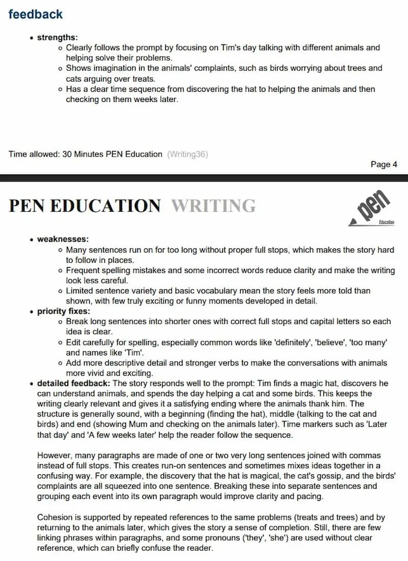 Sample Writing feedback report